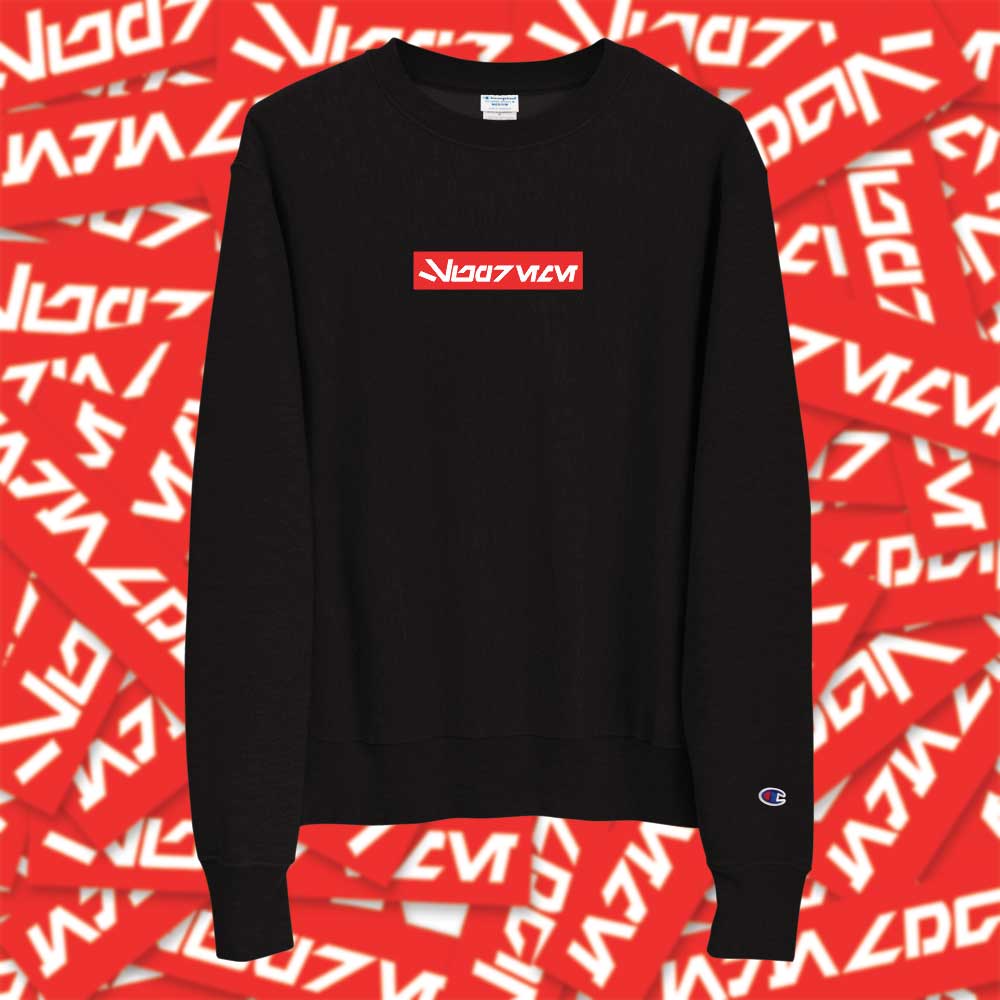 The Supreme logo in white and red but written in Aurebesh on an authentic Champion sweatshirt